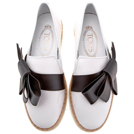 Tod's Womens Bow Leather Slip-Ons in White/ Black XXW0TV0Q240VI80001