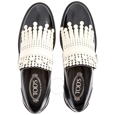 Tod's Womens Fringed Leather Loafers in Black/ White XXW0ZP0R130EFX0G45