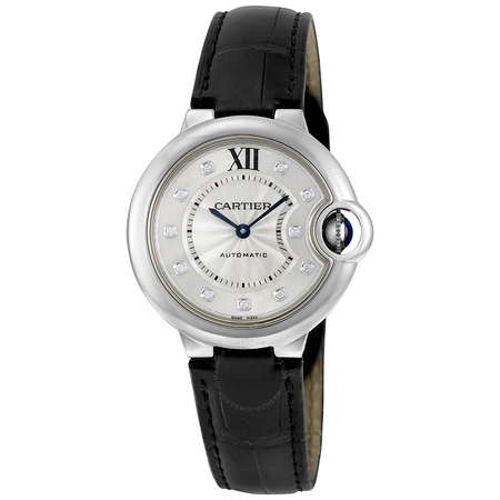 Cartier Ballon Bleu Automatic Silver Dial Diamond Black Leather Ladies Watch W4BB0009