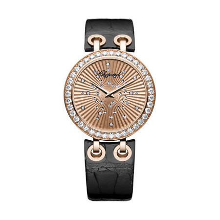 Chopard Xtravaganza Diamond 18k Rose Gold Black Leather Ladies Watch 134236-5001