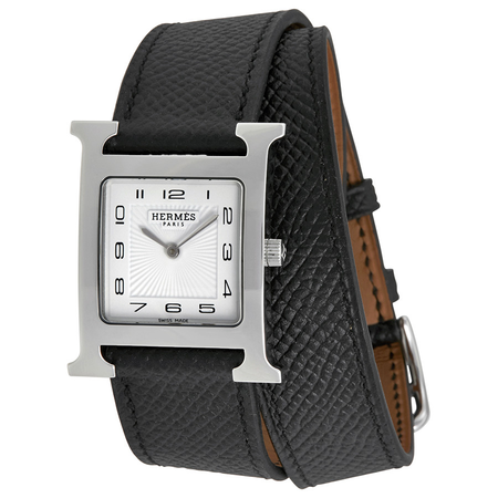 Hermes H Hour White Dial Black Leather Ladies Watch 037011WW00