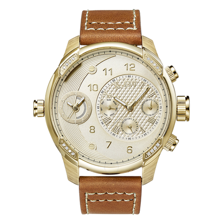 JBW G3 Gold-tone Stainless Steel Diamond Case Brown Leather Strap Men's Watch J6325B