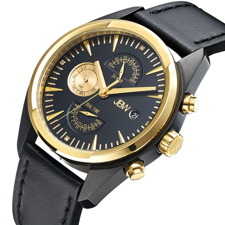 JBW Woodall Gold-tone Case Black Calfskin Leather Strap Diamond Multi-Function Men's Watch J6300C