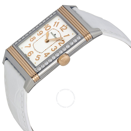 Jaeger LeCoultre Grande Reverso Ultra Thin Silver Dial 18kt Rose Gold White Leather Ladies Watch Q3224420