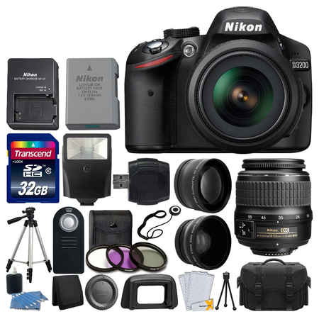 Nikon D3200 24.2 MP CMOS DSLR Camera (Black) + 18-55mm ED II AF-S DX Zoom Lens + 52mm 2x & Wide Angle Lens + Gadget Bag + Wireless Remote + Transcend 32GB Card