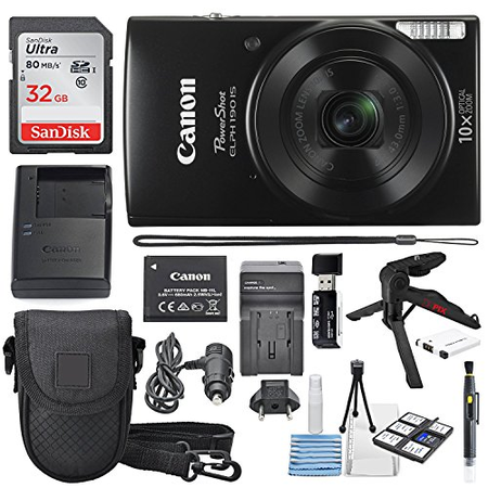 Canon PowerShot ELPH 190 IS Digital Camera (Black) with 10x Optical Zoom and Built-In Wi-Fi with 32GB SDHC + Flexible tripod + AC/DC Turbo Travel Charger