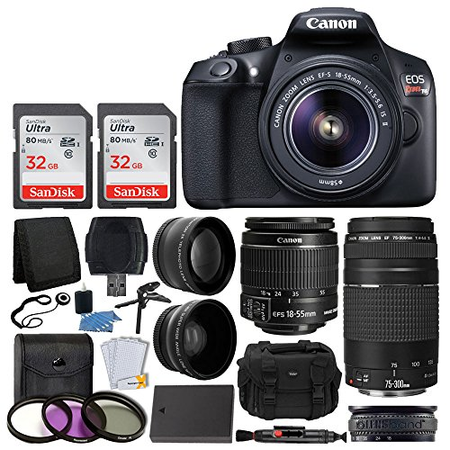 Canon EOS Rebel T6 Digital SLR Camera, 18-55mm EF-S Lens, EF 75-300mm Lens, SanDisk 64GB Card, Telephoto and Wide Angle Lens, Extra Battery, 58mm UV Filters