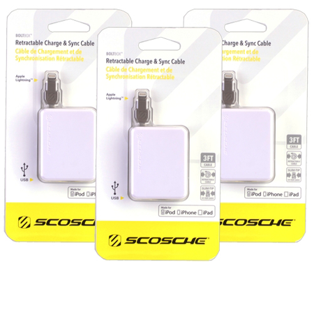 3' Scosche boltBOX Retractable MFI Lightning to USB Charge & Sync Cable for iPhone 5/6/6S, iPad Air (White)