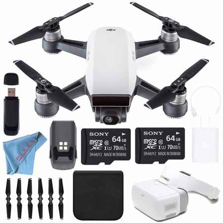 Thiết bị bay không người lái DJI Spark Quadcopter (Alpine White)  + Sony 64GB microSDXC + Card Reader + Fibercloth + DJI Goggles FPV Headset Bundle