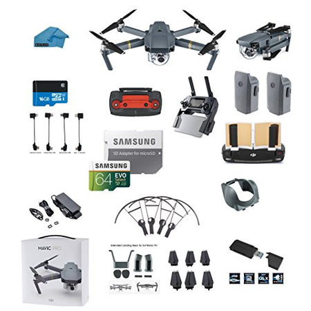 DJI Mavic PRO Portable Collapsible Mini Racing Drone with 2 Total Batteries, + 64GB SD Card + Range Extender, Lens Hood, Card Reader, Landing Gear, Stick Protector, Prop Guards