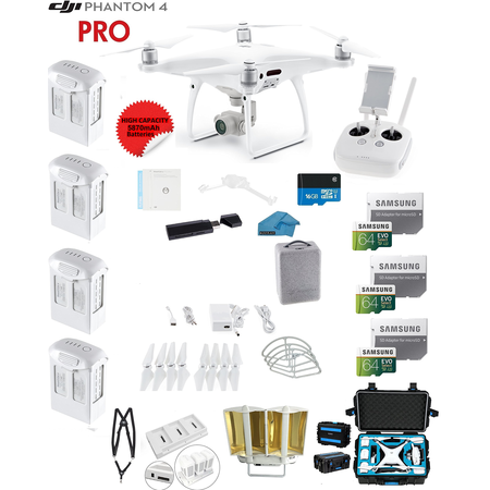 DJI Phantom 4 PRO Quadcopter Drone with 1-inch 20MP 4K Camera KIT + 4 Total DJI Batteries + 3 64GB Micro SDXC Cards + Card Reader 3.0 + Snap on Prop Guards