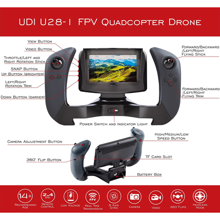 UDI U28-1 FPV Drone with Camera–Remote Control Drone Quadcopter with Altitude Hold,WiFi HD Camera and 4" LCD Screen -Great RC Drone-Extra Battery Doubles