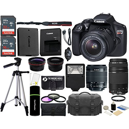 Canon EOS Rebel T6 18MP Wi-Fi DSLR Camera with 18-55mm IS II Lens + EF 75-300mm III Lens + SanDisk 32GB & 16GB Card + Wide Angle Lens + Telephoto Lens + Flash + Grip + Tripod - 48GB Accessories Bundle